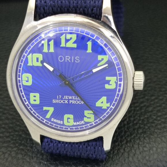Vintage 1991 Oris Manual Mens Silver Watch W/Nato Strap & Green accents - Picture 3 of 9